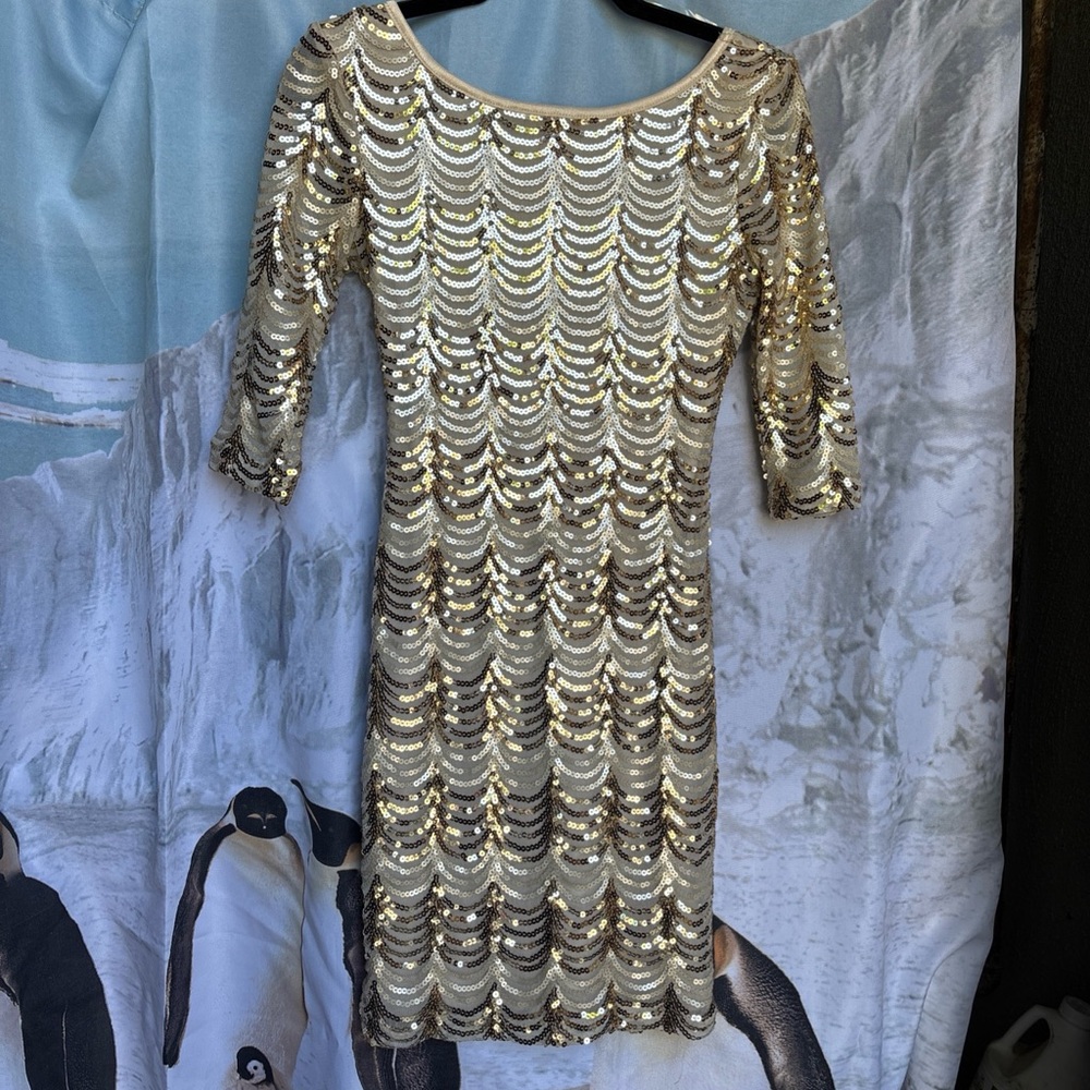Crystal Doll Gold Tan Bodycon Dress 3/4 Sleeve